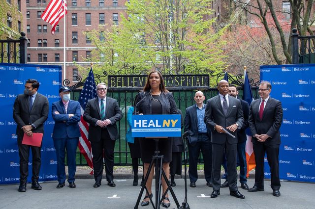 New York Attorney General Letitia James and Mayor Eric Adams announce the first batch of monies from opioid settlements outside Bellevue Hospital in Manhattan, April 21st, 2022.